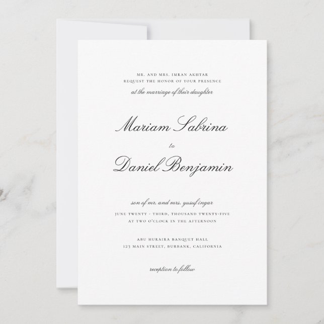 Invitación Elegante caligrafía Script Boda blanco y negro (Anverso)