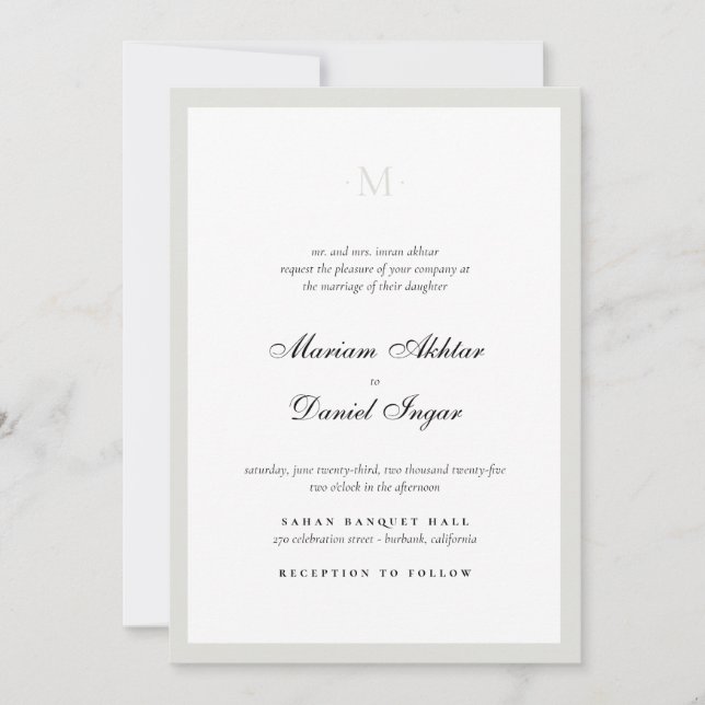 Invitación Elegante caligrafía Script Monograma Boda blanco (Anverso)