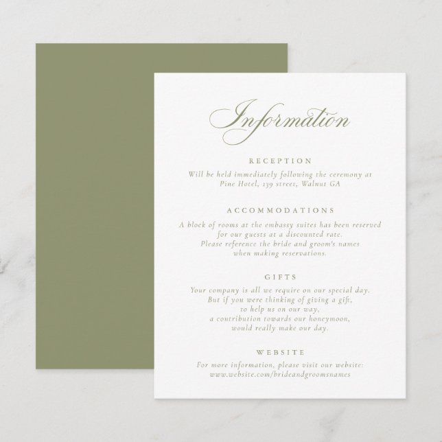 Invitación Elegante caligrafía Script Sage Green Boda Info (Anverso / Reverso)