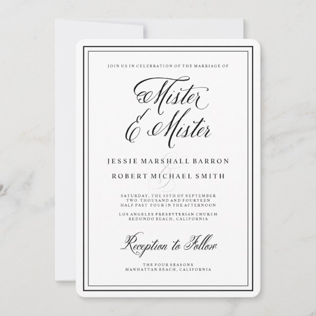 Invitación Elegante caligrafía Señor y Boda gay mister (Anverso)