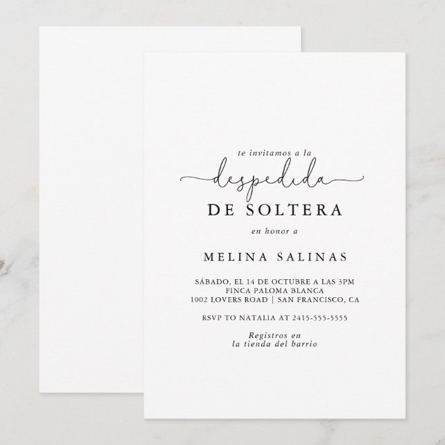 Invitación Elegante caligrafía simple ducha de novia española (Anverso / Reverso)