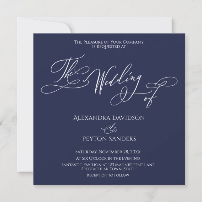 Invitación Elegante caligrafía sobre azul marino "El Boda de" (Anverso)