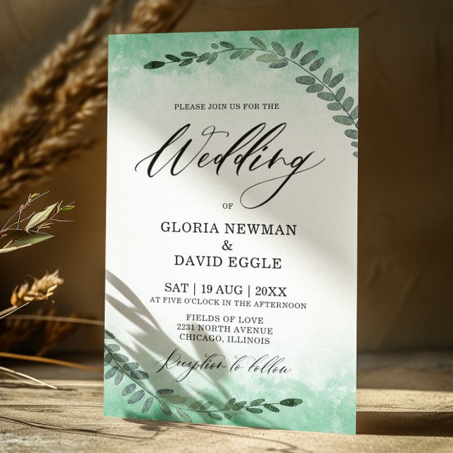 Invitación Elegante caligrafía verde Boda acuarela (Subido por el creador)
