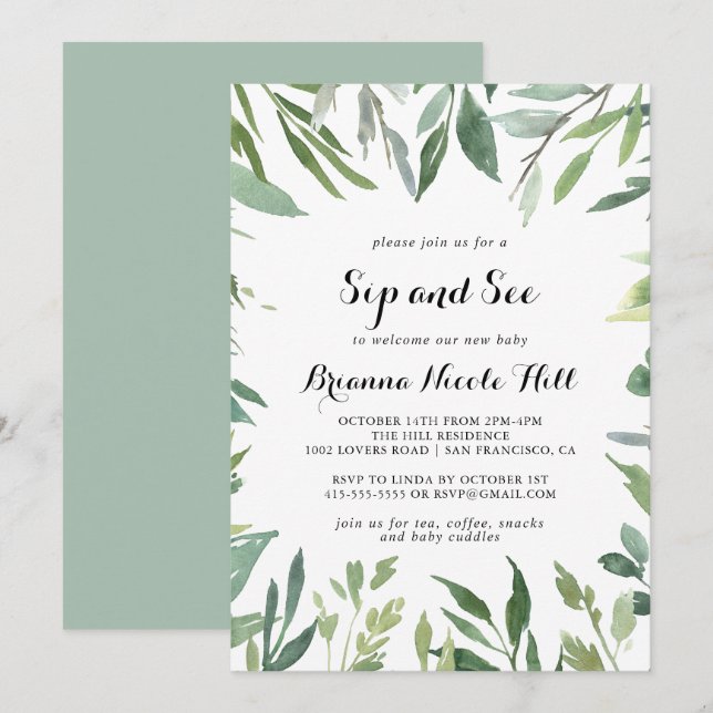 Invitación Elegante caligrafía verde tropical Sip y See (Anverso / Reverso)