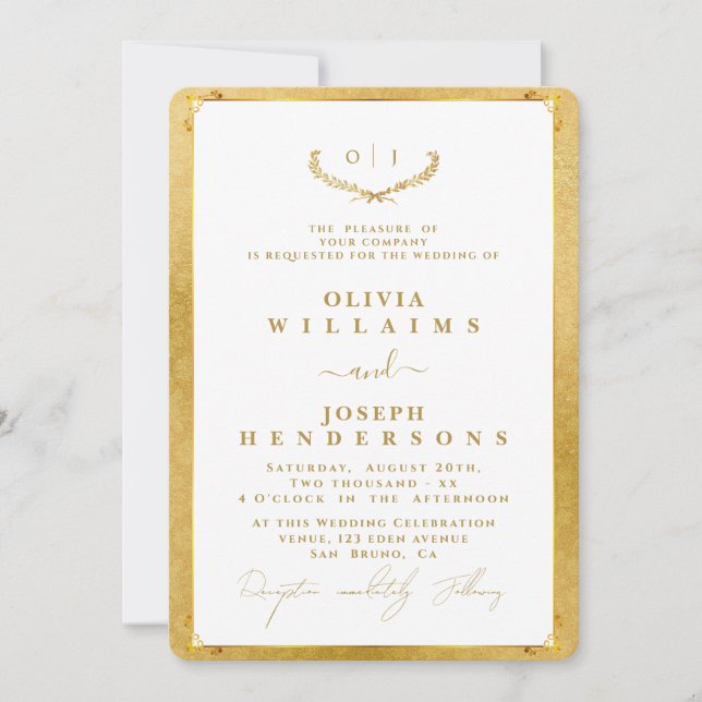 INVITACIÓN ELEGANTE CALIGRAFÍA Y BODA DE MODA DE ORO MARCO (Anverso)