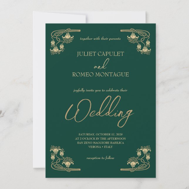 Invitación Elegante caligrafía y boda de oro y verde ArtDeco (Anverso)