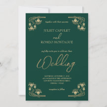 Elegante caligrafía y boda de oro y verde ArtDeco