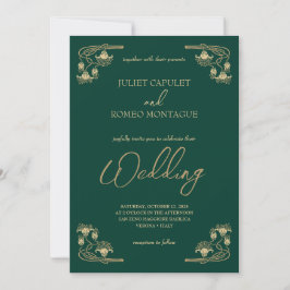Invitación Elegante caligrafía y boda de oro y verde ArtDeco