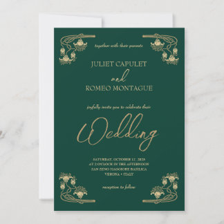 Invitación Elegante caligrafía y boda de oro y verde ArtDeco