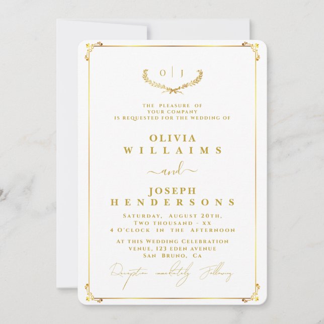 INVITACIÓN ELEGANTE CALIGRAFÍA Y BODA GOLDEN DEL MARCO DE MOD (Anverso)