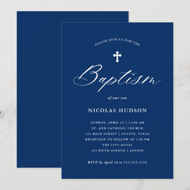 Invitación Elegante caligrafía y cruz | Bautismo azul de la m (Anverso / Reverso)