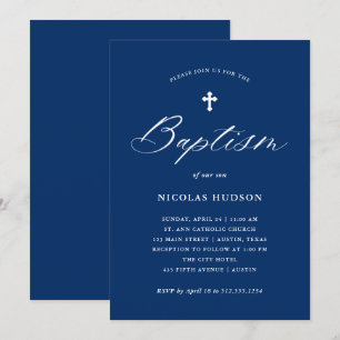 Invitación Elegante caligrafía y cruz  Bautismo azul de la ma