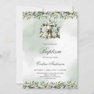 Invitación Elegante cáliz dorado floral blanco lirios Baptism