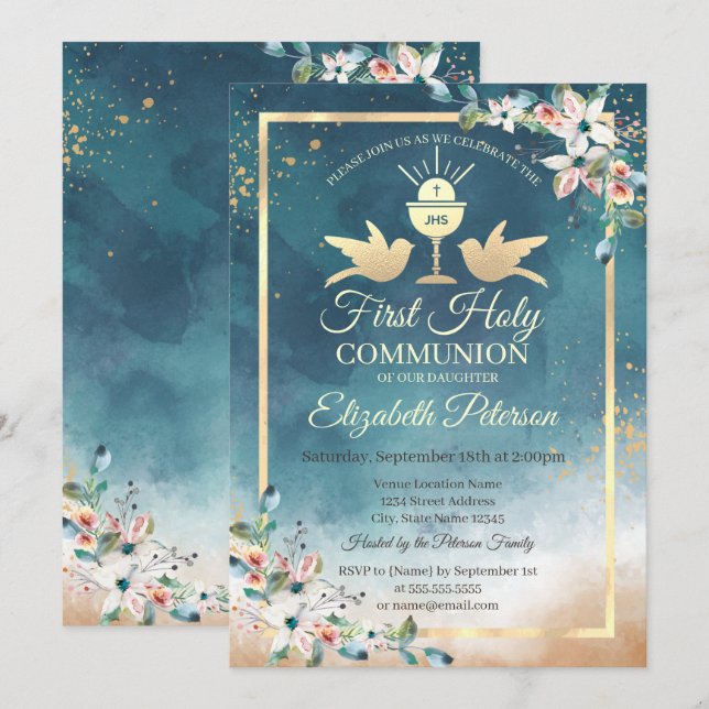 Invitación Elegante cáliz floral primera comunión sagrada (Anverso / Reverso)
