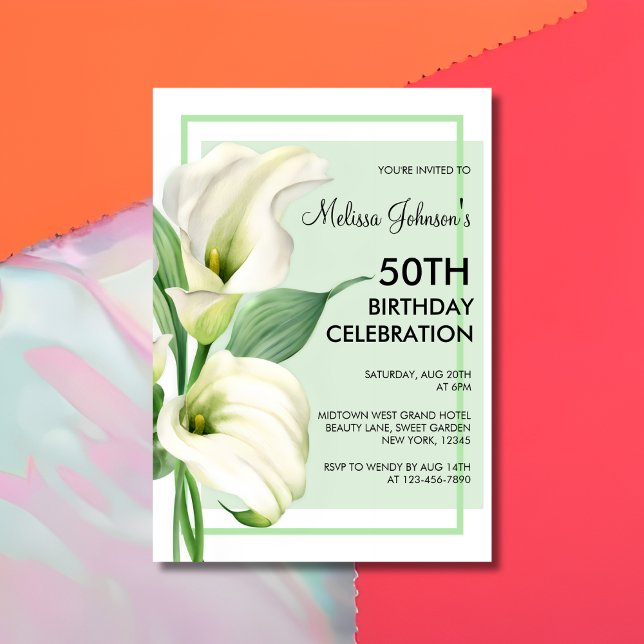 Invitación Elegante Calla Blanca Lily Floral 50 cumpleaños (Subido por el creador)