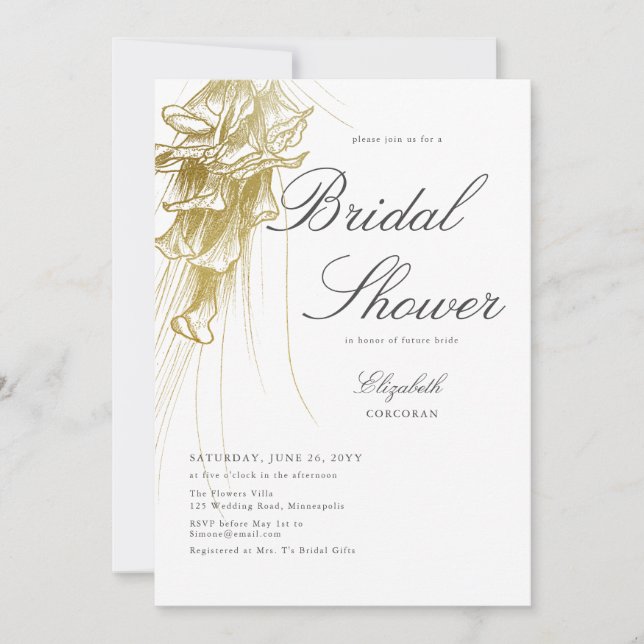 Invitación Elegante Calla de Oro Formal Lily BW Bridal Shower (Anverso)