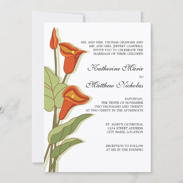 Invitación Elegante Calla Lily en Boda Naranja (Anverso)
