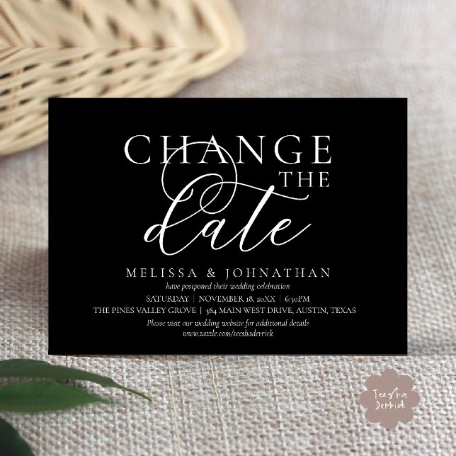Invitación Elegante cambio de fecha de boda tipográfica (Chic Typographic Wedding Postpone Postponement Change the date Invitation card in classy black)