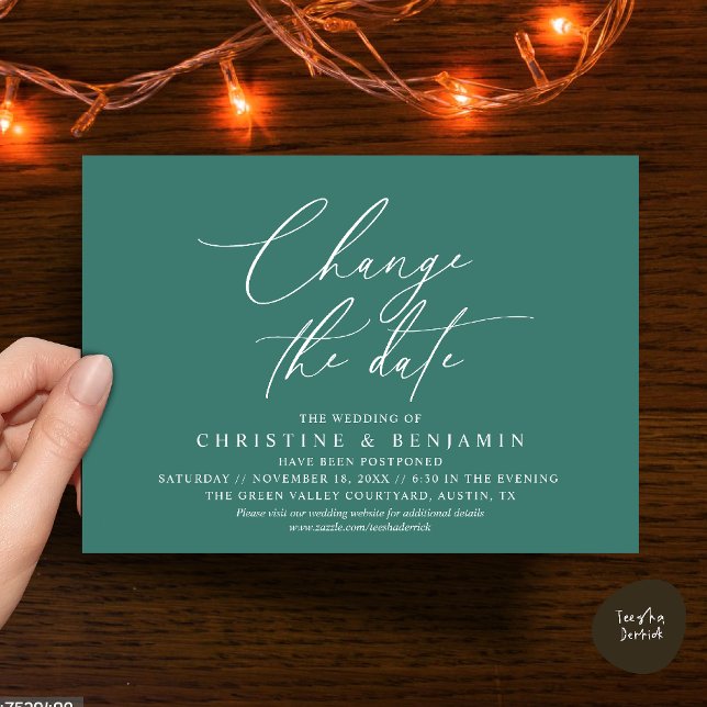 Invitación Elegante Cambio de Fecha de la Boda Aplazar  (Elegant Script Change the Date Wedding Postponement Invitation Card in Teal Green)