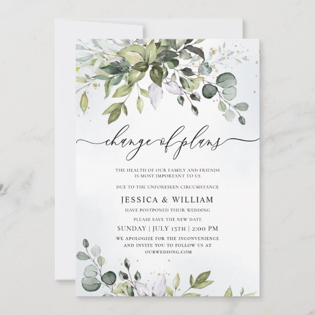 Invitación Elegante cambio de planos Eucalyptus acuarela (Anverso)