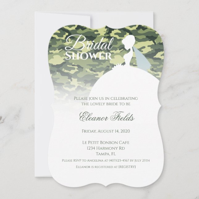 Invitación Elegante Camo Print con ducha de novia vestida de  (Anverso)