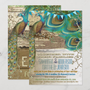 Invitación Elegante Campo Bunting Pavo Real Madera Antigua Vi