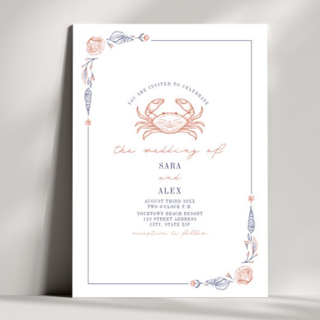 Invitación Elegante Cangrejo de Boda Rústico Rojo y Azul (Subido por el creador)