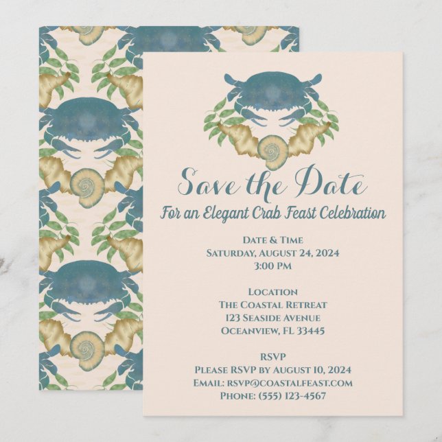 Invitación Elegante Cangrejo Festín-Acuarela Cangrejos Azules (Anverso / Reverso)