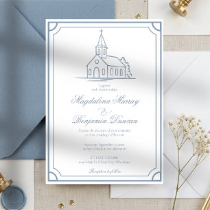 Invitación Elegante Capilla Cristiana Iglesia Boda Azul Polvo
