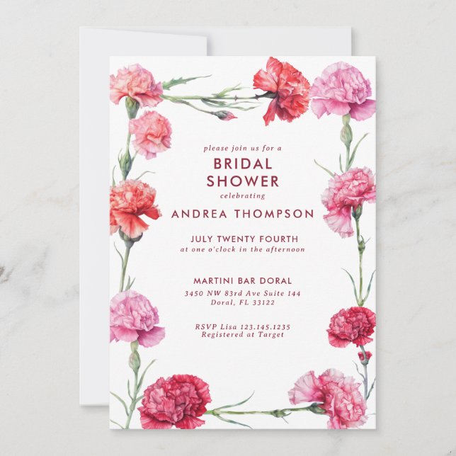 Invitación Elegante Carnation Rojo Floral Bridal Shower (Anverso)