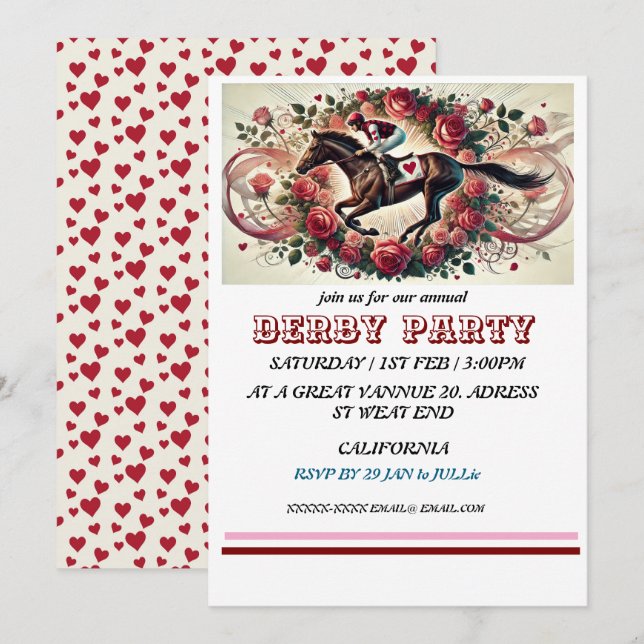 Invitación Elegante Carrera de Caballos Derby Fiesta / Ecuest (Anverso / Reverso)