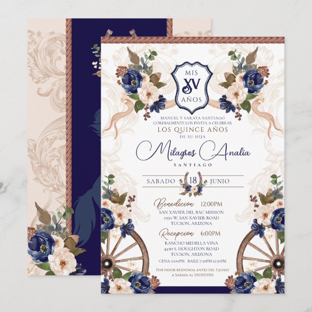 Invitación Elegante Carro Barroco Azul Occidental Quinceanera (Anverso / Reverso)