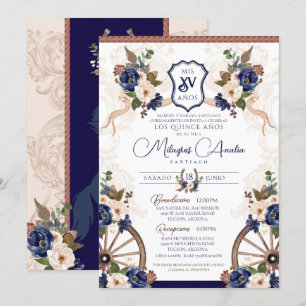 Invitación Elegante Carro Barroco Azul Occidental Quinceanera