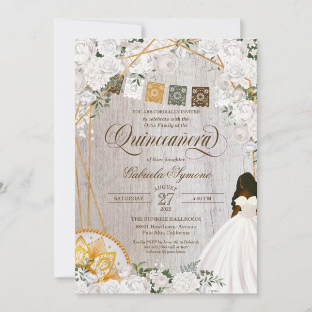 Invitación Elegante Carro Occidental Floral Blanco Quinceaner (Anverso)