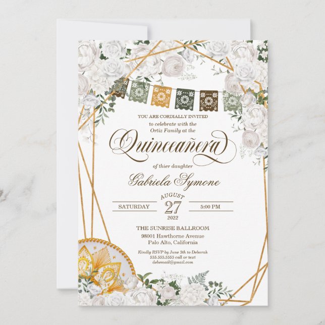 Invitación Elegante Carro Occidental Floral Blanco Quinceaner (Anverso)