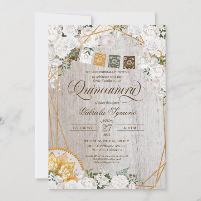 Invitación Elegante Carro Occidental Floral Blanco Quinceaner (Anverso)