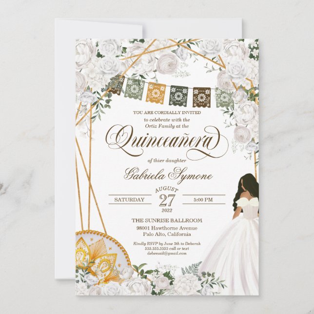 Invitación Elegante Carro Occidental Floral Blanco Quinceaner (Anverso)