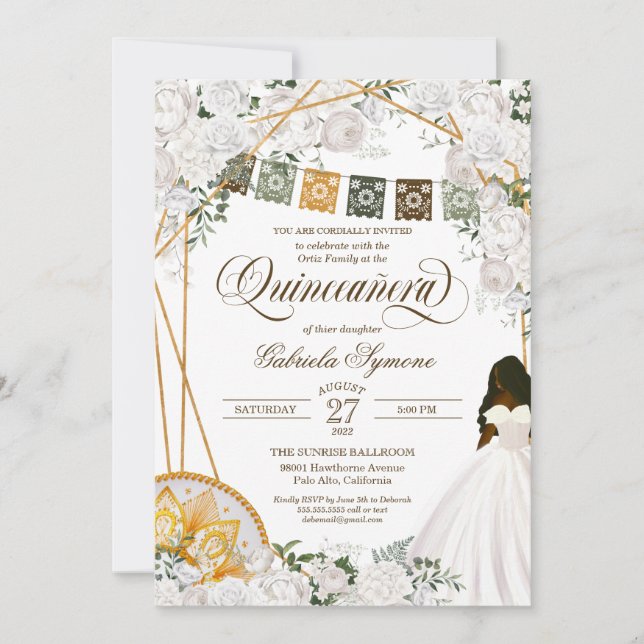 Invitación Elegante Carro Occidental Floral Blanco Quinceaner (Anverso)