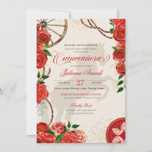 Invitación Elegante Carro Roses Roses Roses Rancho Occidental (Anverso)