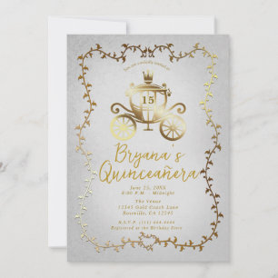 Invitación Elegante Carruaje de Oro Azul Quinceañera Cuento