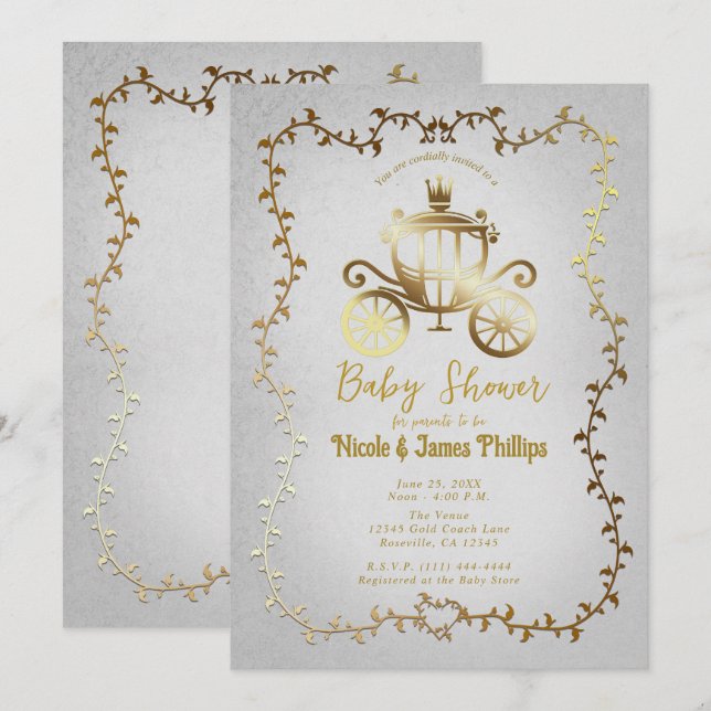 Invitación Elegante Carruaje de Oro Cumpleaños de Cuento de H (Anverso / Reverso)
