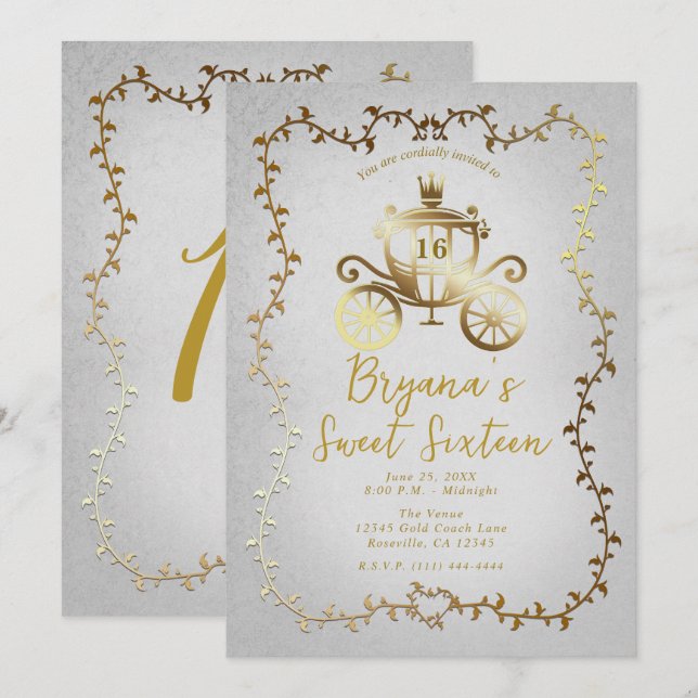 Invitación Elegante Carruaje de Oro Historia de Libro Blanco  (Anverso / Reverso)