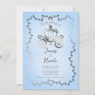 Invitación Elegante Carruaje de Plata Boda de Cuento Azul