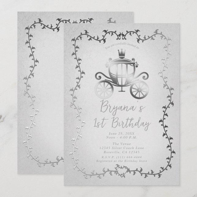 Invitación Elegante Carruaje de Plata Libro de Cuentos 1er Cu (Anverso / Reverso)