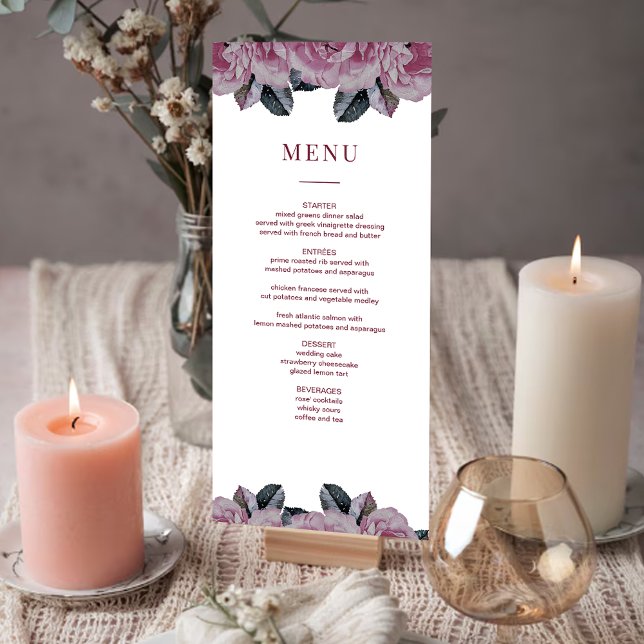 Invitación Elegante carta romántica Boda floral (Elegant Romantic Floral Wedding Table Menu Card)
