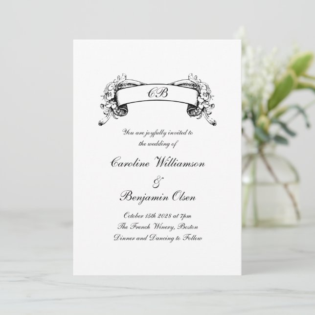 Invitación Elegante cartel romántico Boda blanco y negro (Anverso de pie)