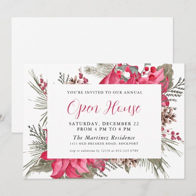 Invitación Elegante Casa Abierta Botánica de Poinsettia Roja (Anverso / Reverso)