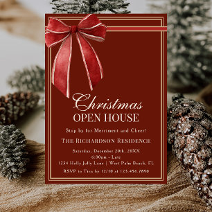 Invitación Elegante Casa Abierta de Navidad con Lazo Coquette