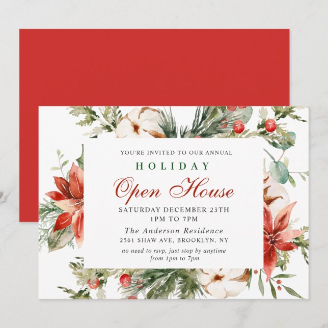 Invitación Elegante Casa Abierta de Navidades de Poinsettia (Anverso / Reverso)