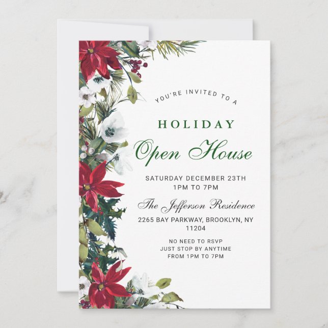 Invitación Elegante Casa Abierta de Navidades de Poinsettia (Anverso)